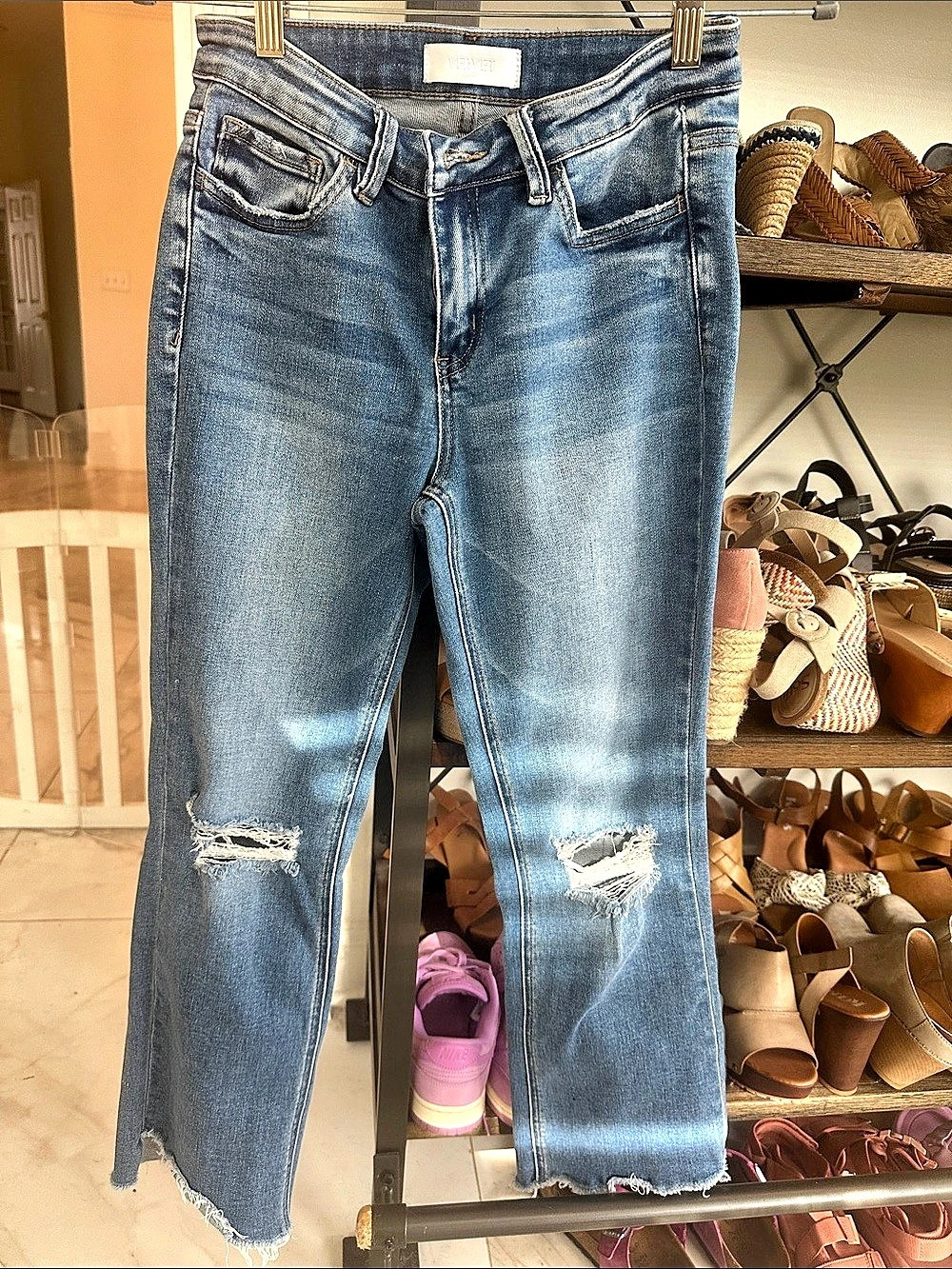 Vervet Distressed Straight Crop Jeans in Blue Waist 27